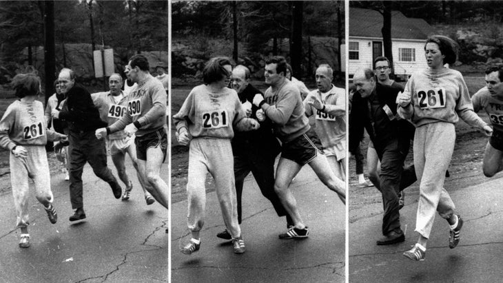 Black and white triple photo of woman runner getting assaulted during Boston Marathon