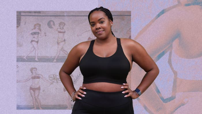 A women wearing a black runner bra and layers poses in front of a purple collage of historical artifacts