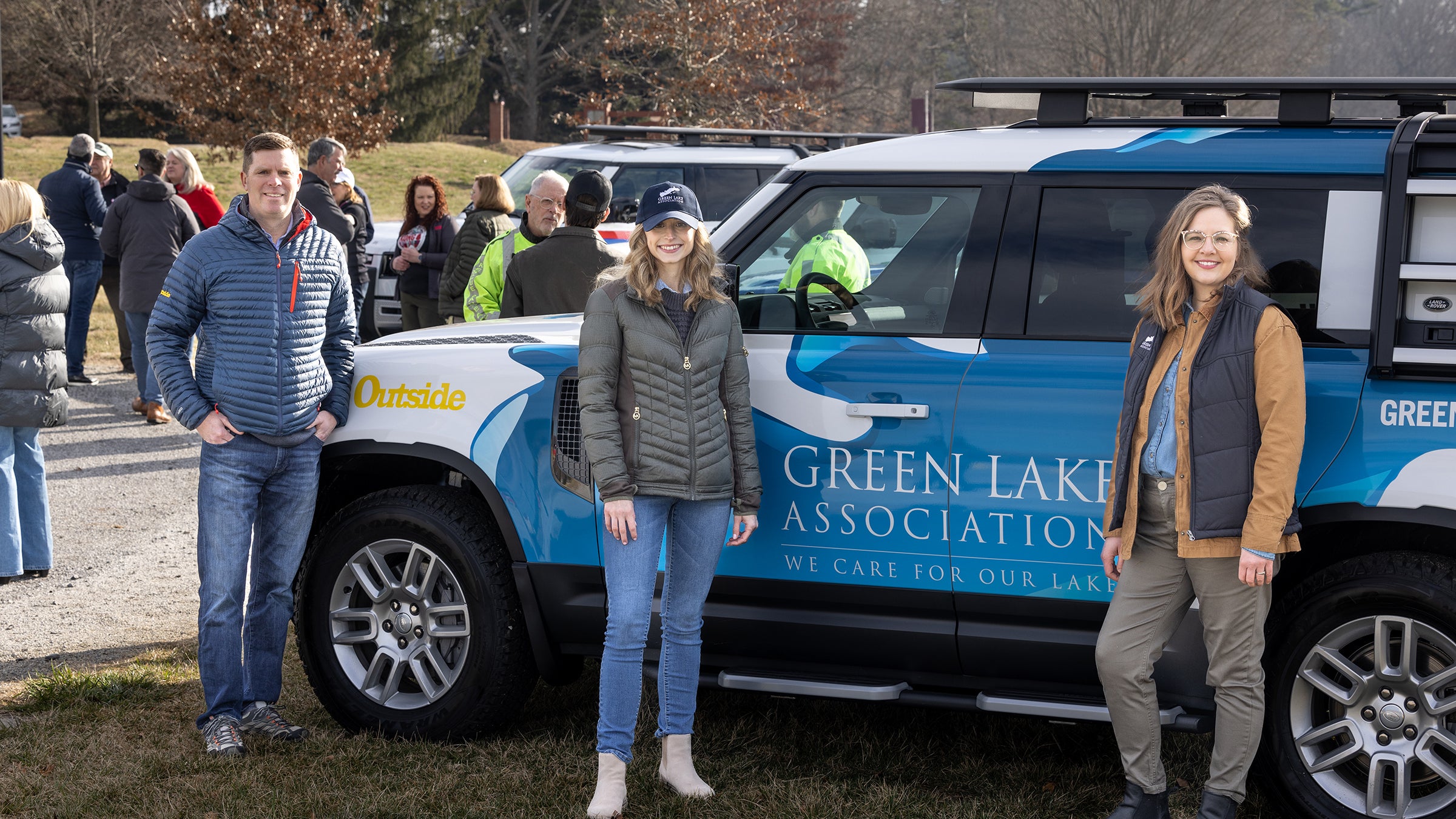 Green Lake Association’s CEO, Stephanie Prellwitz, and Watershed Engagement Manager, Taylor Haag, with Outside’s Senior Sales Director, Chad Johnson, at Land Rover’s Defender Service Awards Winners Weekend at Biltmore Estates