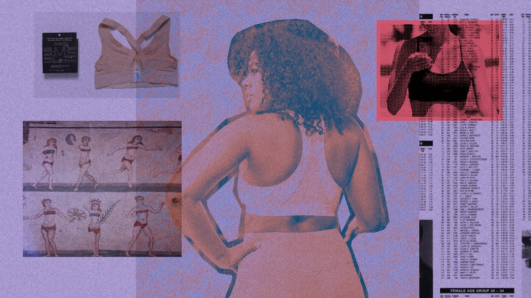A collage with a purple hue of various elements depicting women's sports bras