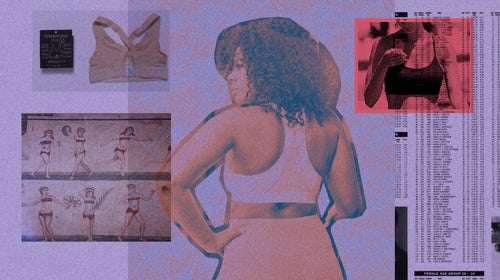 A collage with a purple hue of various elements depicting women's sports bras