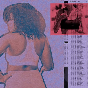 A collage with a purple hue of various elements depicting women's sports bras