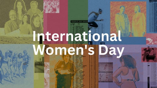 A mosaic of multicolored images of women in sport