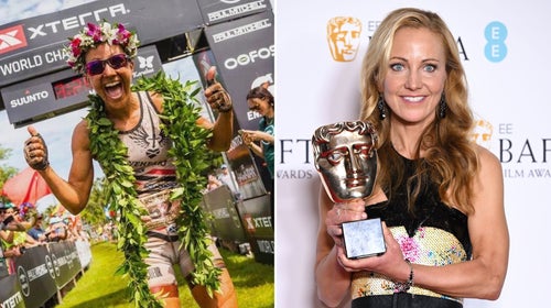 Lesley Paterson at a race, and holding an award, side-by-side
