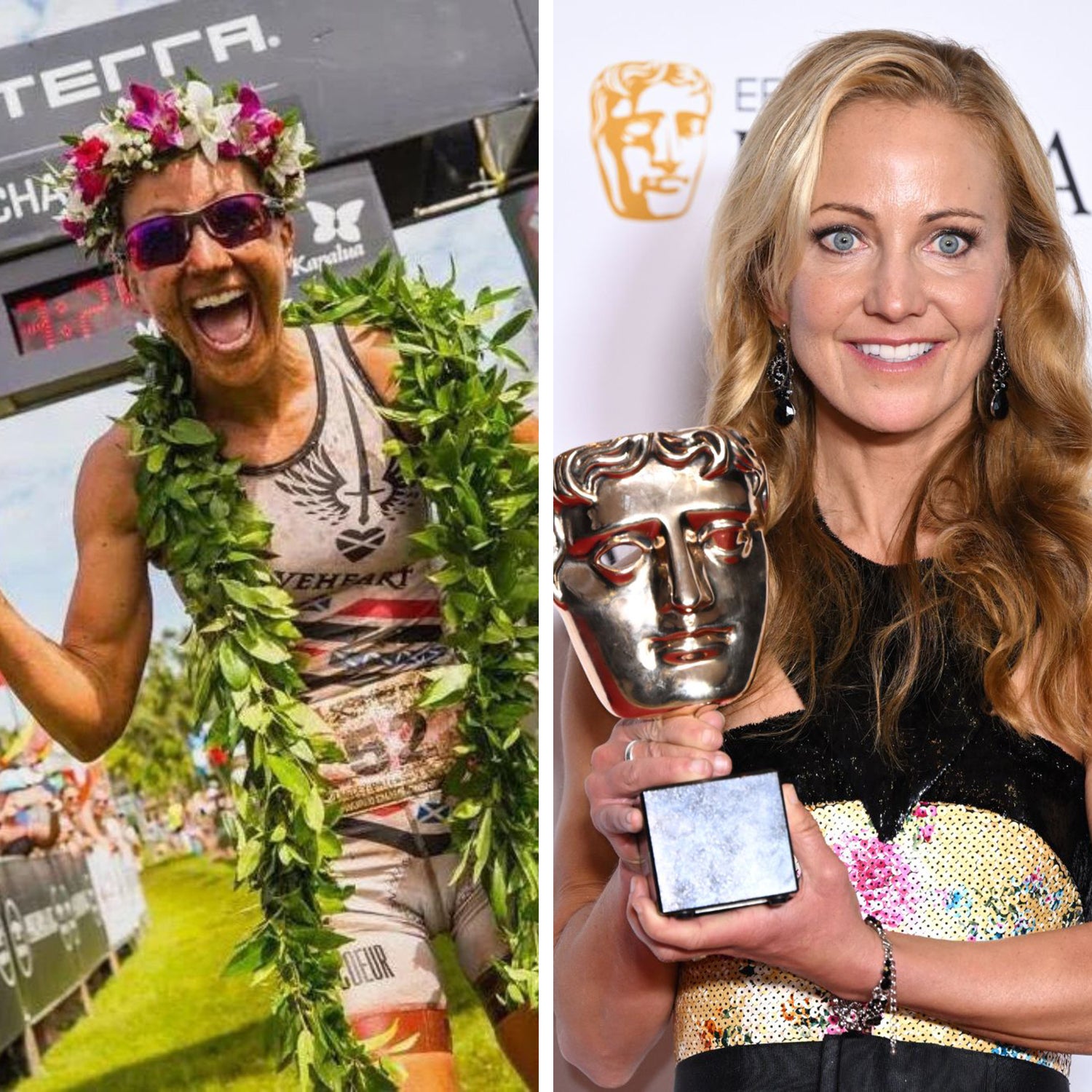 Lesley Paterson at a race, and holding an award, side-by-side