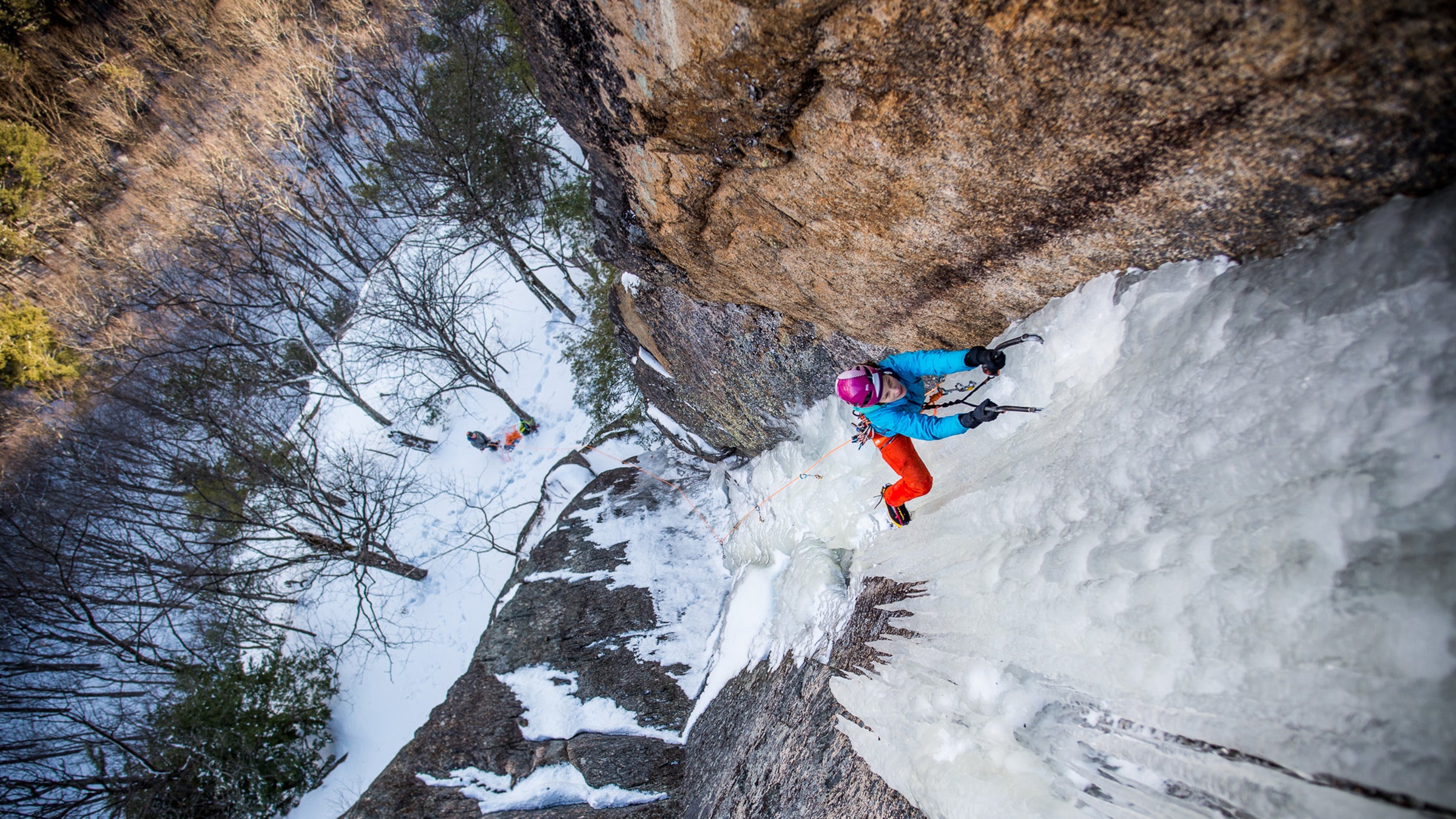 Burhardt on Cathedral Ledge's Black Crack, unknowingly climbing it with a broken ankle.