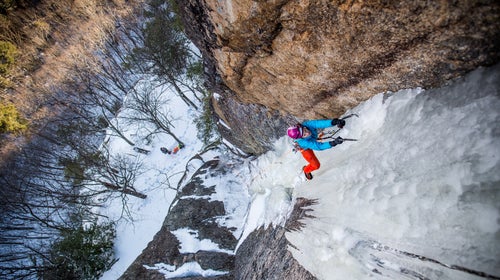 Burhardt on Cathedral Ledge's Black Crack, unknowingly climbing it with a broken ankle.