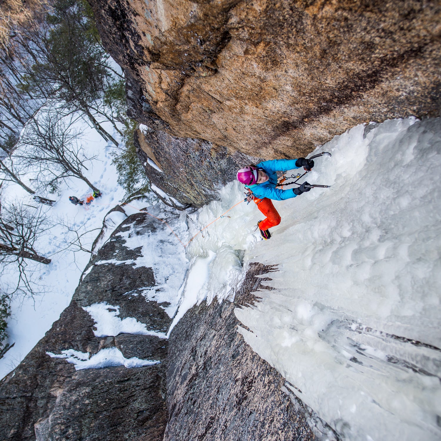 Burhardt on Cathedral Ledge's Black Crack, unknowingly climbing it with a broken ankle.