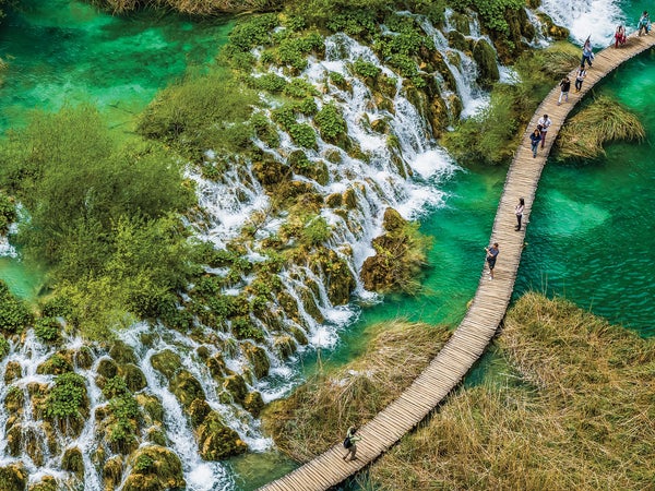 A Plitvice Lakes National Park boardwalk offers visitors unique views