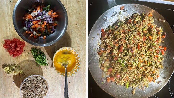 Food scraps and fried rice side-by-side
