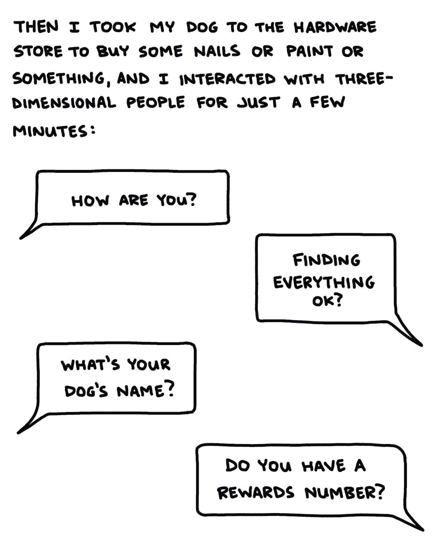 Then I took my dog to the hardware store to buy some nails or paint or something, and interacted with three-dimensional people for just a few minutes: