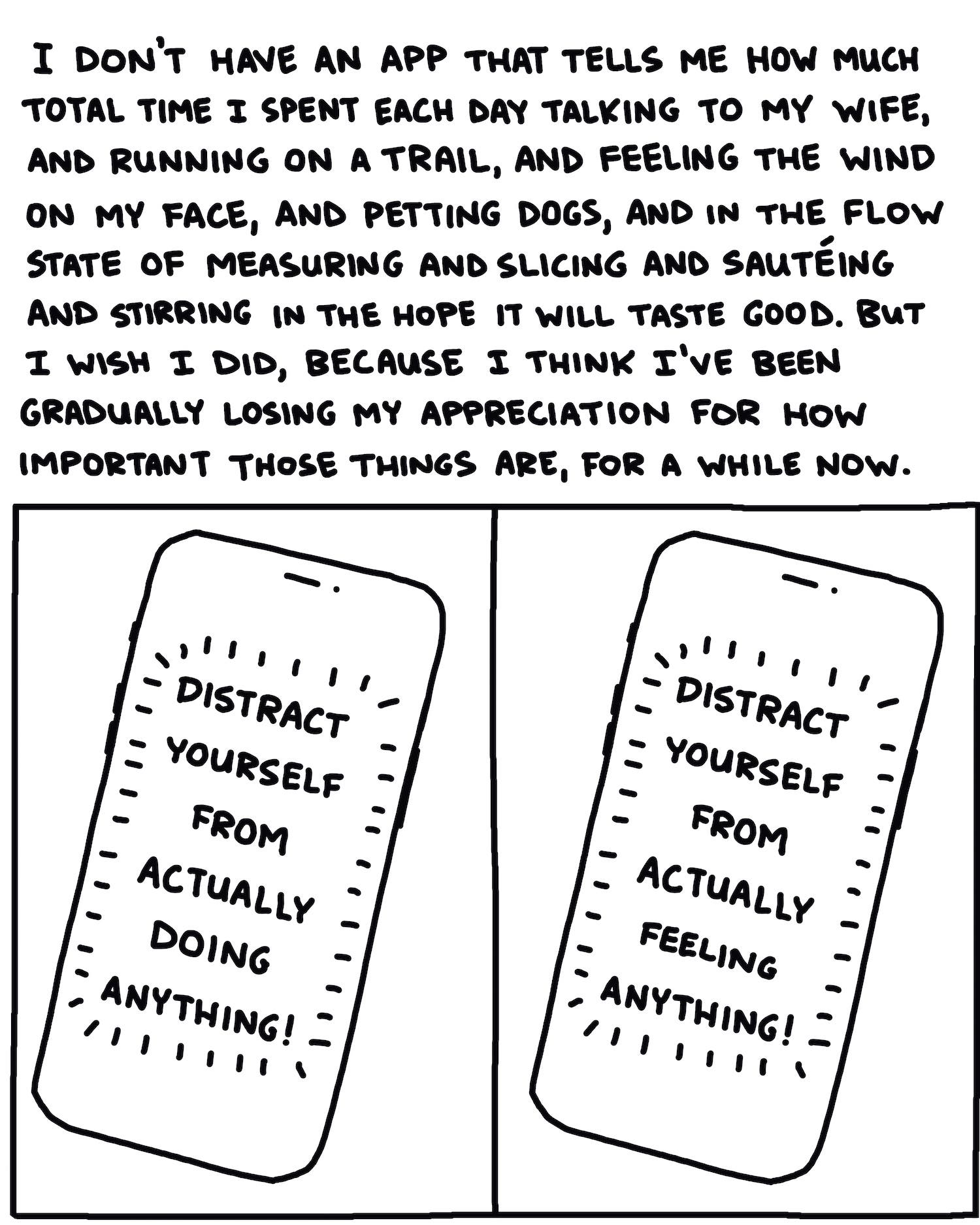 I don’t have an app that tells me how much total time I spent each day talking to my wife, and running on a trail, and feeling the wind on my face, and petting dogs, and in the flow state of measuring and slicing and sauteing and stirring in the hope it will taste good. But I wish I did, because I think I’ve been gradually losing my appreciation for how important those things are, for a while now.