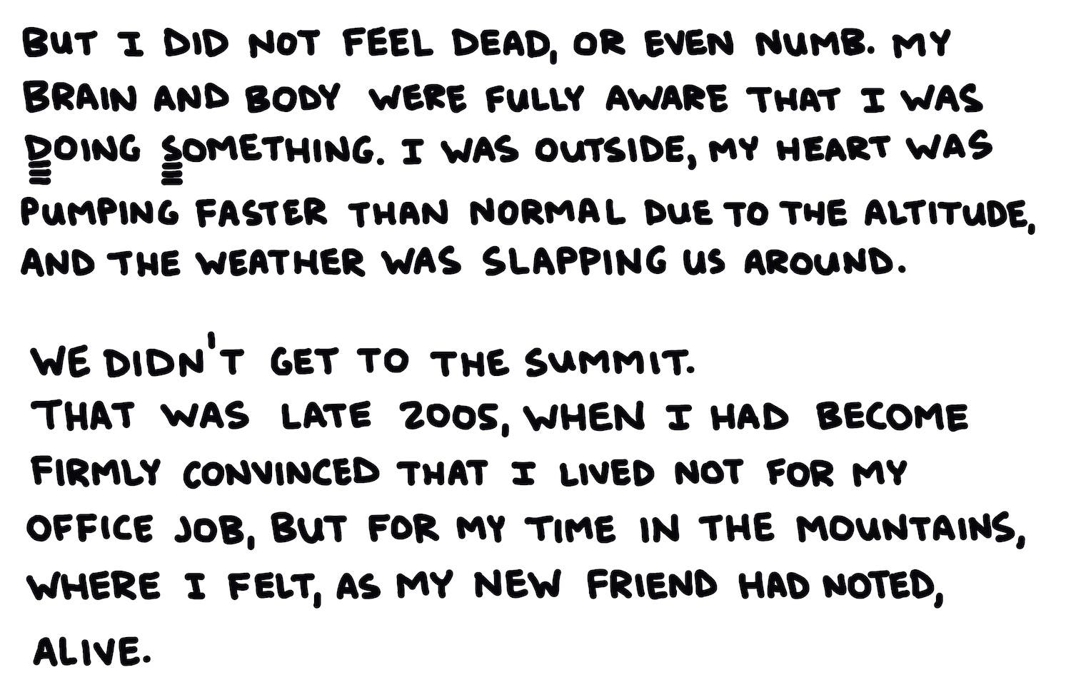 But I did not feel dead, or even numb. My brain and body were fully aware that I was Doing Something. I was outside, my heart pumping blood at a faster rate than normal due to the altitude, and the weather was slapping us around. We didn’t get to the summit. That was late 2005, when I had become firmly convinced I lived not for my office job, but for my time in the mountains, where I felt, as my new friend had noted, alive.