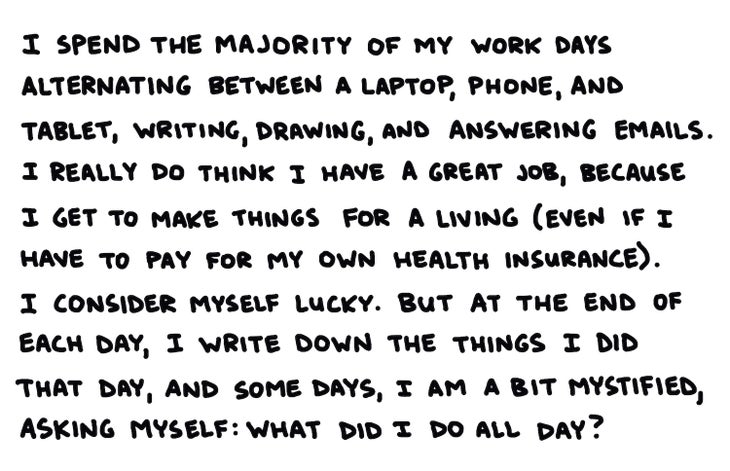 I spend the majority of my work days alternating between a laptop, phone, and tablet, writing, drawing, and answering emails. I really do have a great job, because I get to make things for a living (even if I have to pay for my own health insurance). I consider myself lucky. But at the end of each day, I write down the things I did that day, and some days, I am a bit mystified, asking myself: What did I do all day?