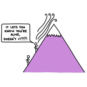 illustration of climber on a windy mountain shouting back to a companion: