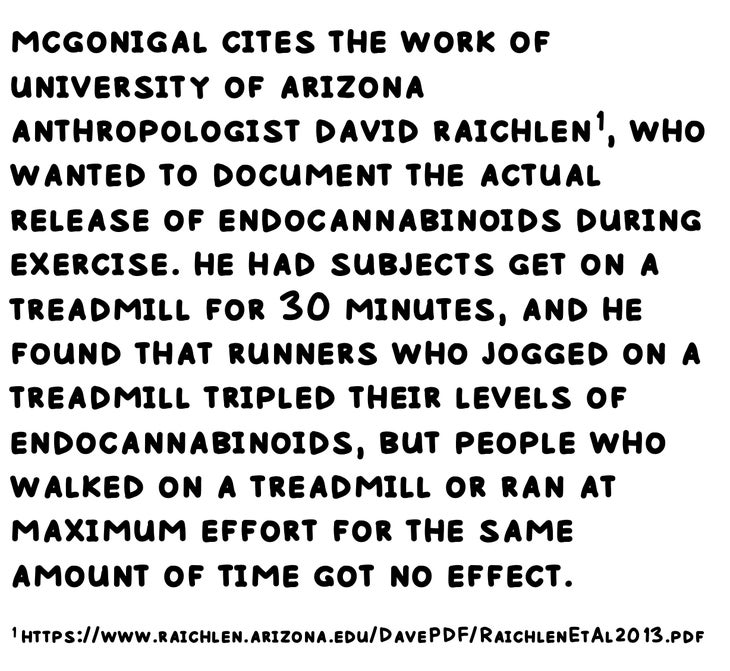 mcgonigal cites the work of university of arizona anthropologist david raichlen1, who wanted to document the actual release of endocannabinoids during exercise. he had subjects get on a treadmill for 30 minutes, and he found that runners who jogged on a treadmill tripled their levels of endocannabinoids, but people who walked on a treadmill or ran at maximum effort for the same amount of time got no effect.