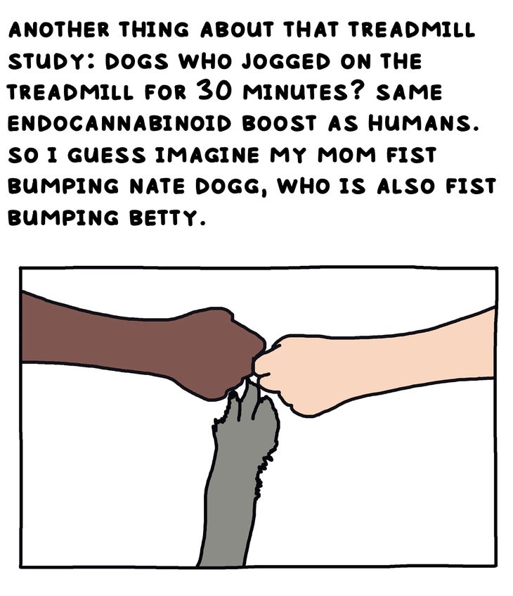 another thing about that treadmill study: dogs who jogged on the treadmill for 30 minutes? same endocannabinoid boost as humans. so i guess imagine my mom fist bumping nate dogg, who is also fist bumping betty.
