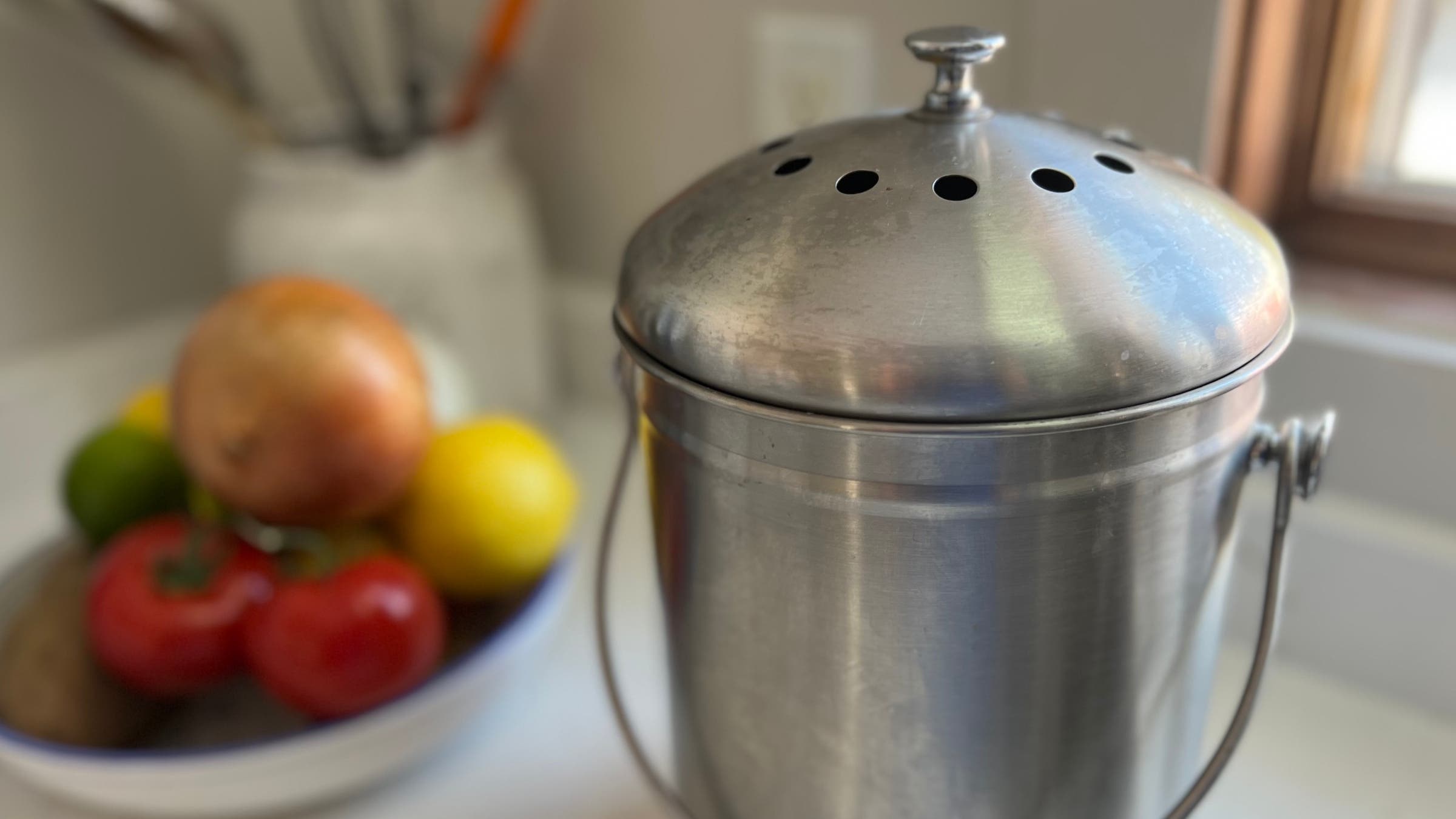 silver compost scrap bucket on counter helps reduce food waste
