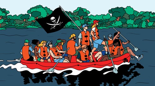 illustration of rafters with a skull & crossbones flag