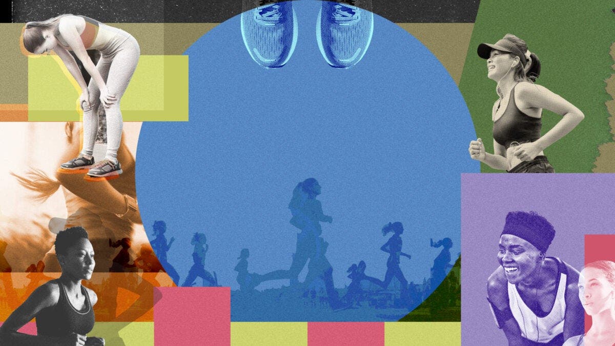a blue circle in the middle of several runners and multiple colors