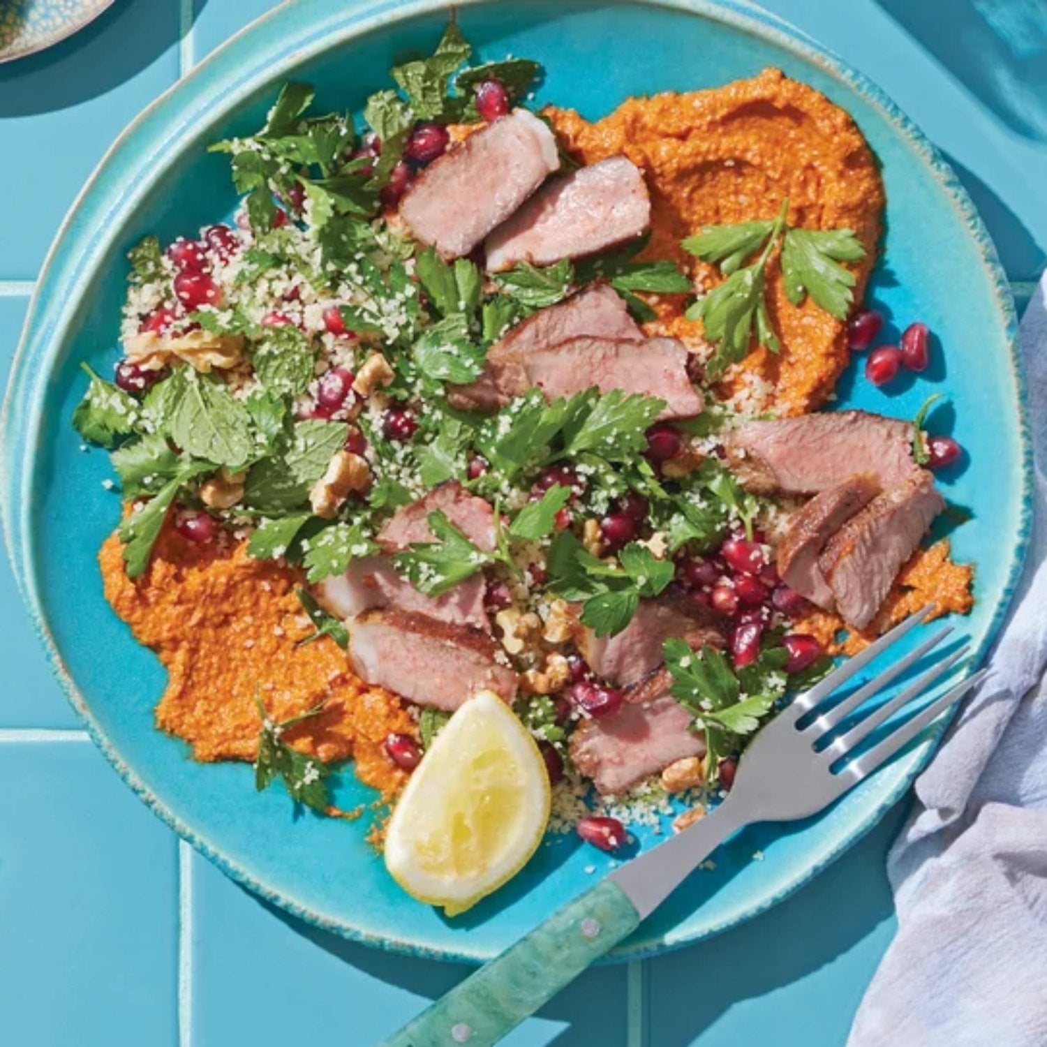 Grilled Lamb Salad with Muhammara, Herbs & Pomegranate