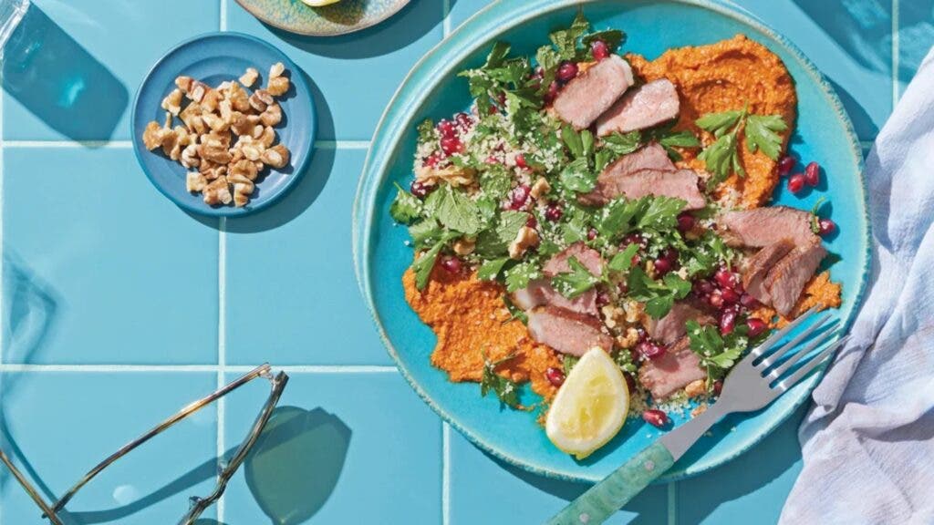 Grilled Lamb Salad with Muhammara, Herbs & Pomegranate