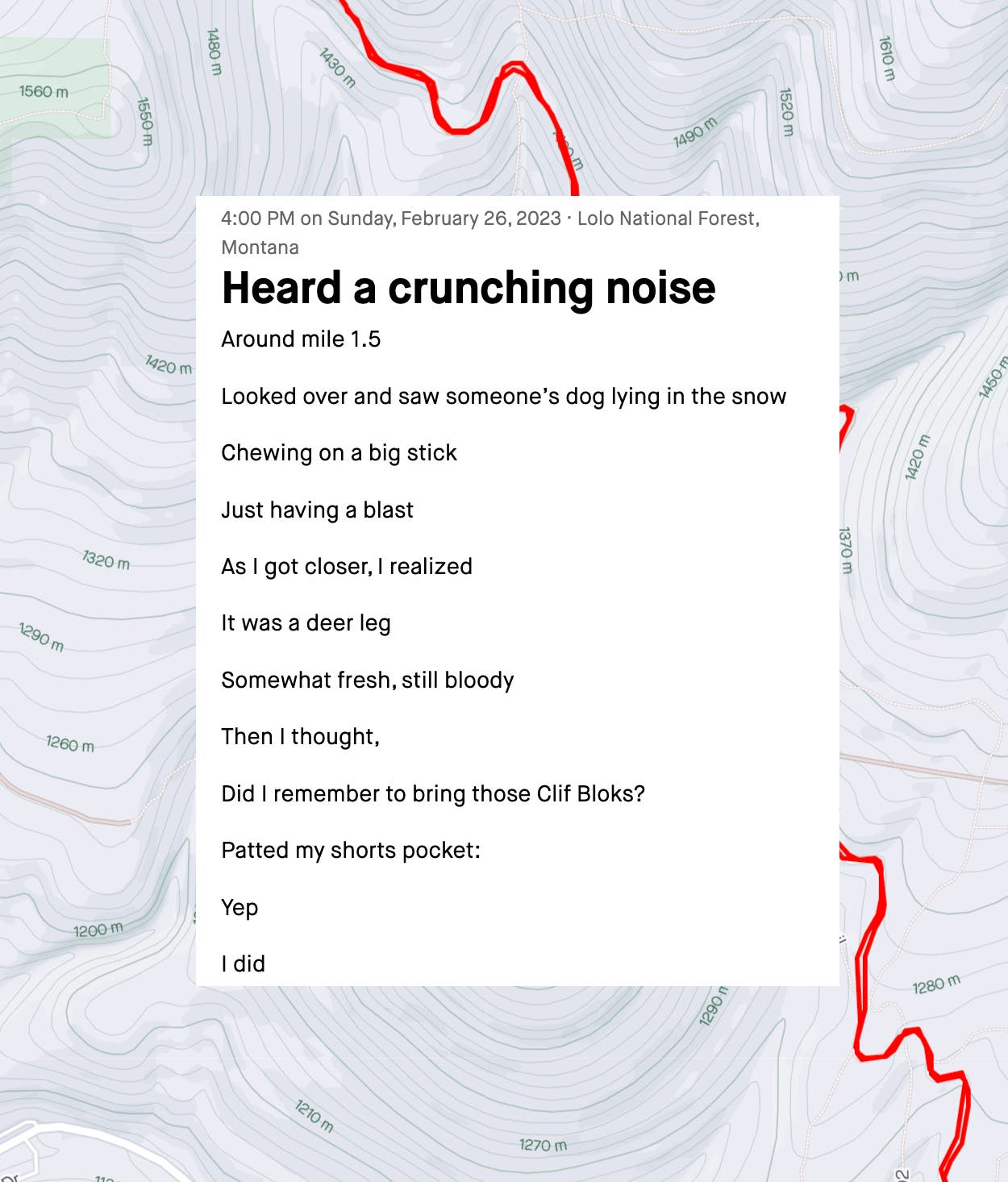 Heard a crunching noise Around mile 1.5 Looked over and saw someone’s dog lying in the snow Chewing on a big stick Just having a blast As I got closer, I realized It was a deer leg Somewhat fresh, still bloody Then I thought, Did I remember to bring those Clif Bloks? Patted my shorts pocket: Yep I did