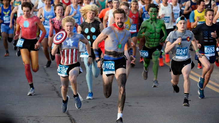 Young runners dress up like superheroes for the Bolder Boulder footrace