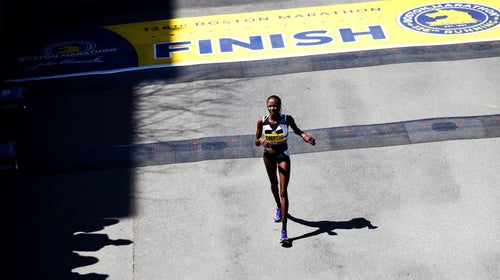 Cheptoo crosses the Boston Marathon finish line