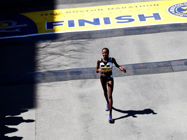 Cheptoo crosses the Boston Marathon finish line