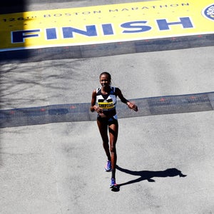 Cheptoo crosses the Boston Marathon finish line