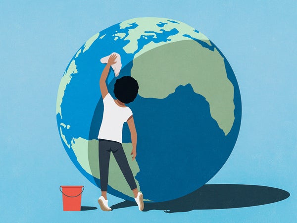illustration of someone cleaning the earth with a rag