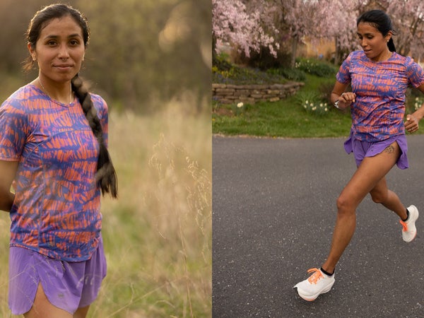 jordan marie daniels running in a pink and blue shirt