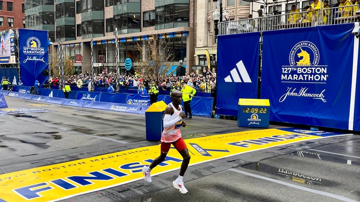 Eliud Kipchoge finishes the 2023 Boston Marathon