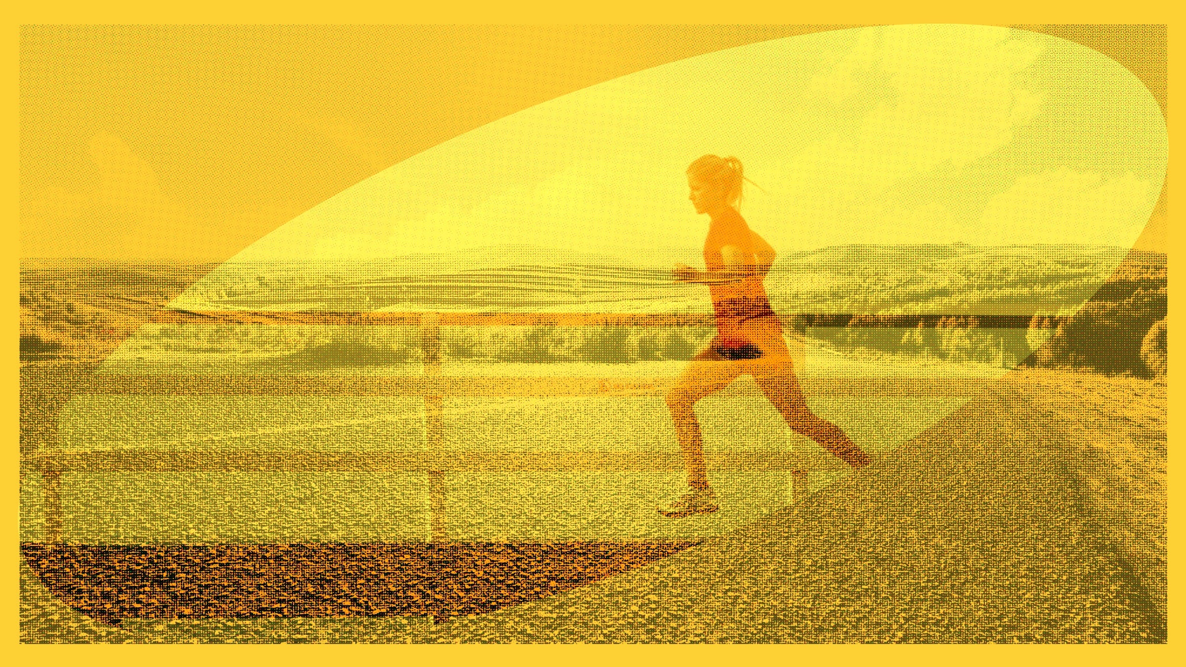 woman running on a yellow banner