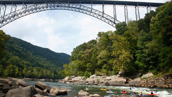 Kayakers under bridge