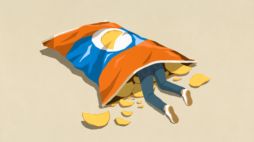Person inside large potato chip bag