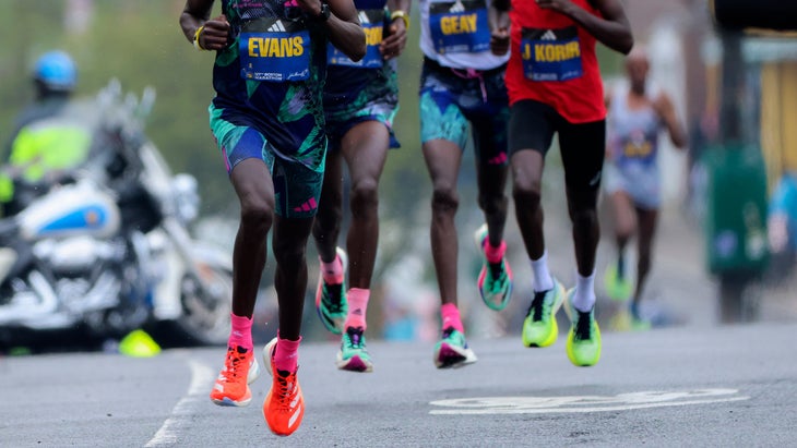 front runners to the boston marathon are wearing adidas shoes