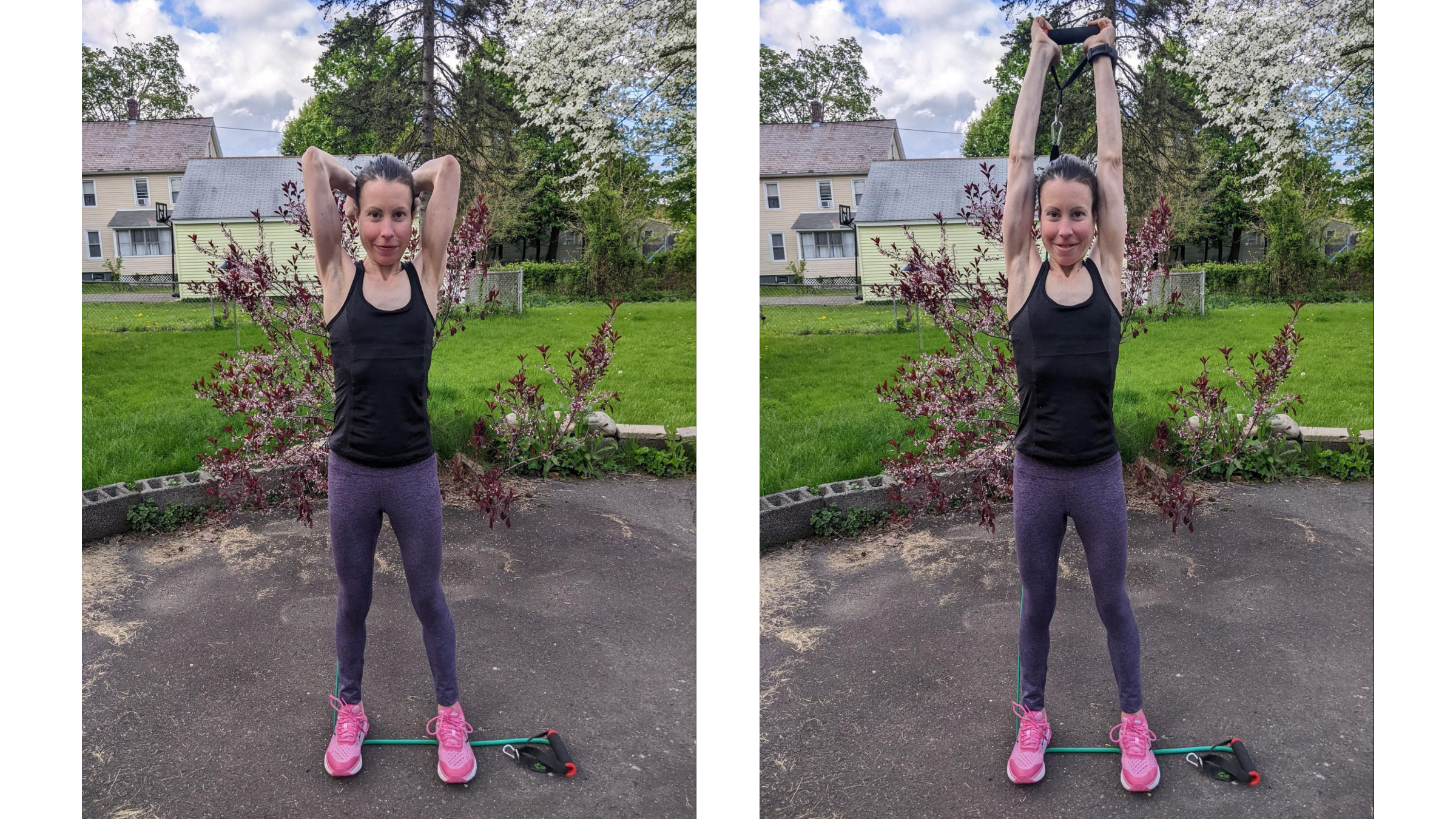 Woman demonstrates a tricep extension during a resistance band arm workout
