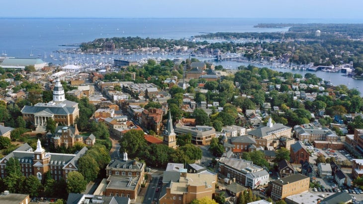 A drone view of the city of Annapolis, Maryland