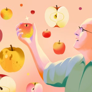 illustration of Dave Benscoter pocking an apple from the sky