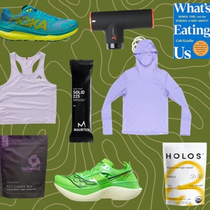 A mosaic of running gear items on a green background