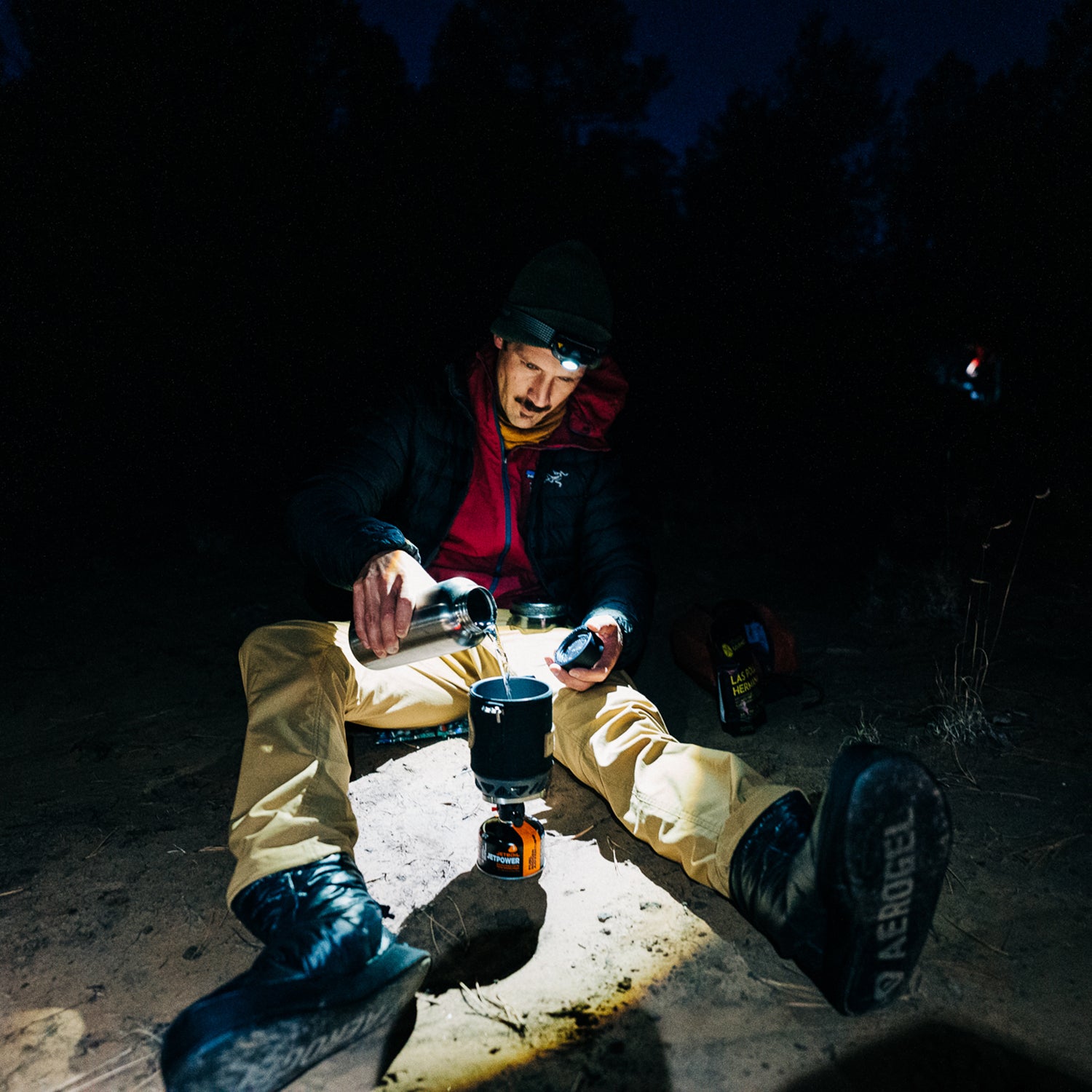 Using a backpacking water boiler at night