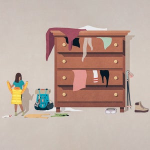 illustration of small person holding up a puffy jacket next to a large dresser and outdoors gear