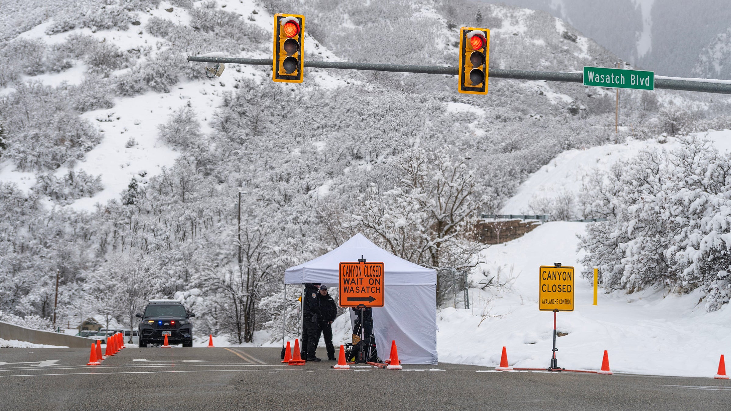 Traffic light and road closed signs at Cottonwood Canyon