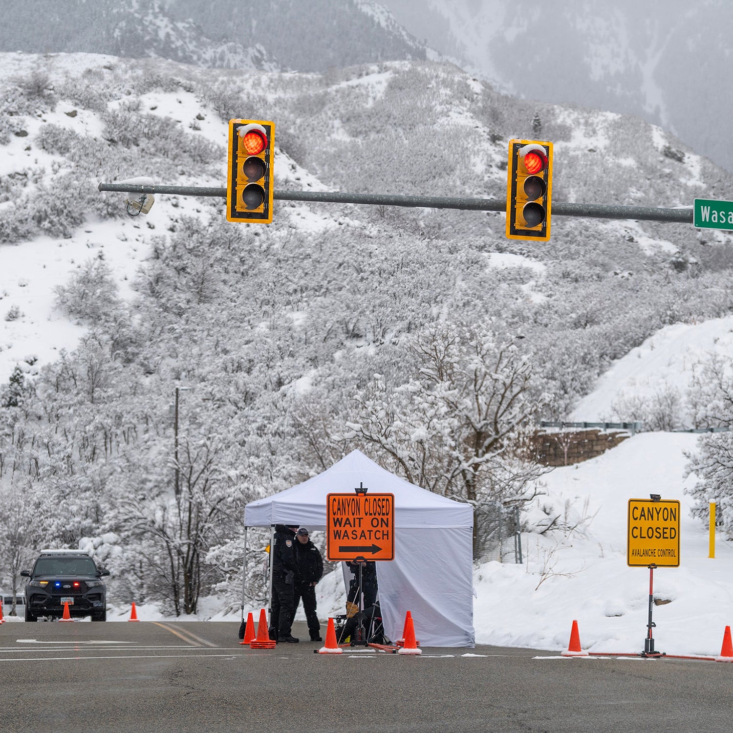 Traffic light and road closed signs at Cottonwood Canyon