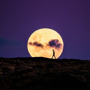 A figure hiking on a rocky ridge is silhouetted in front of a full, bright yellow moon in a dark purple sky.