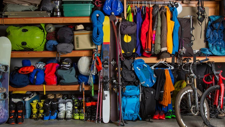 outdoor gear organized neatly in a grage