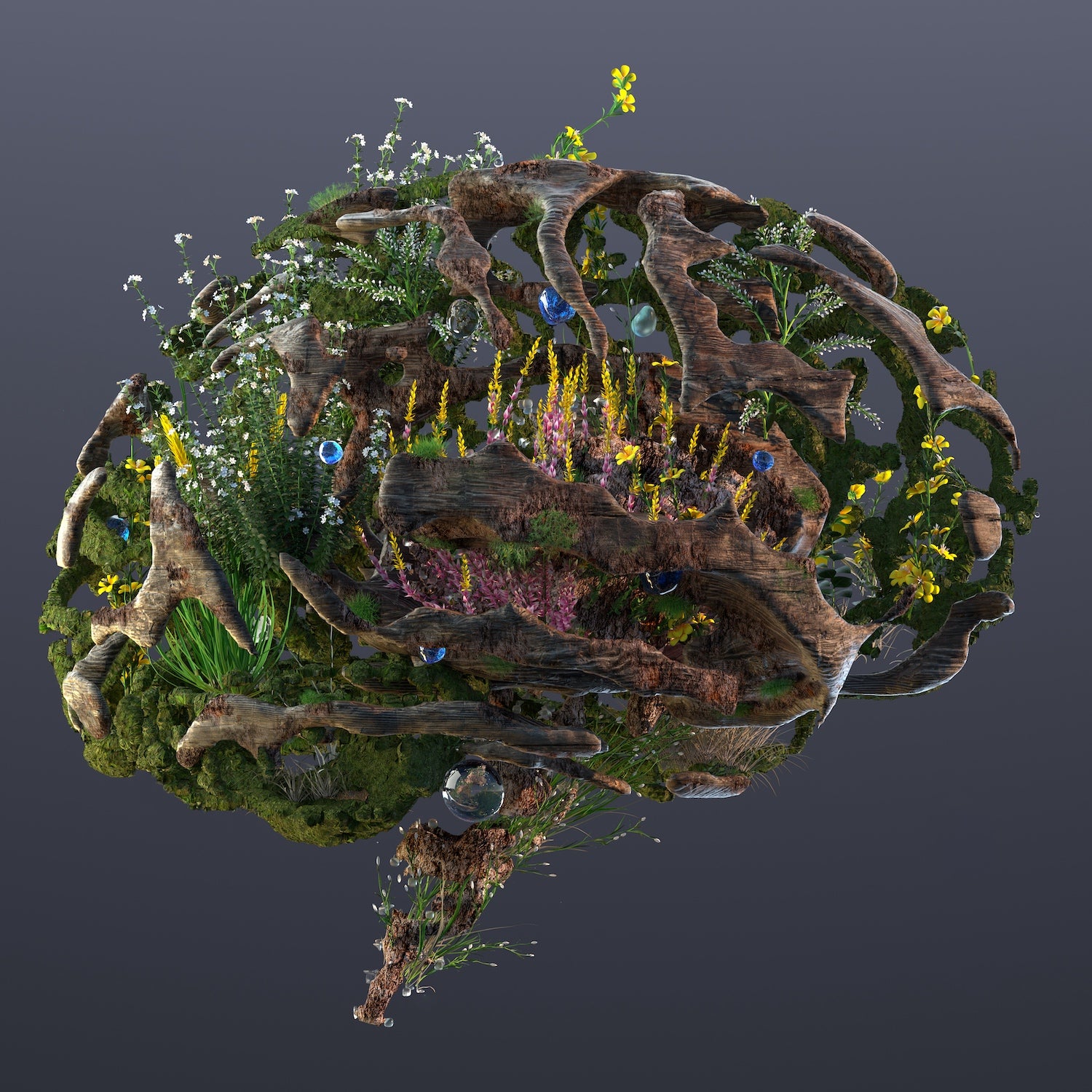A brain made out of plants, grass and flowers on purple background.