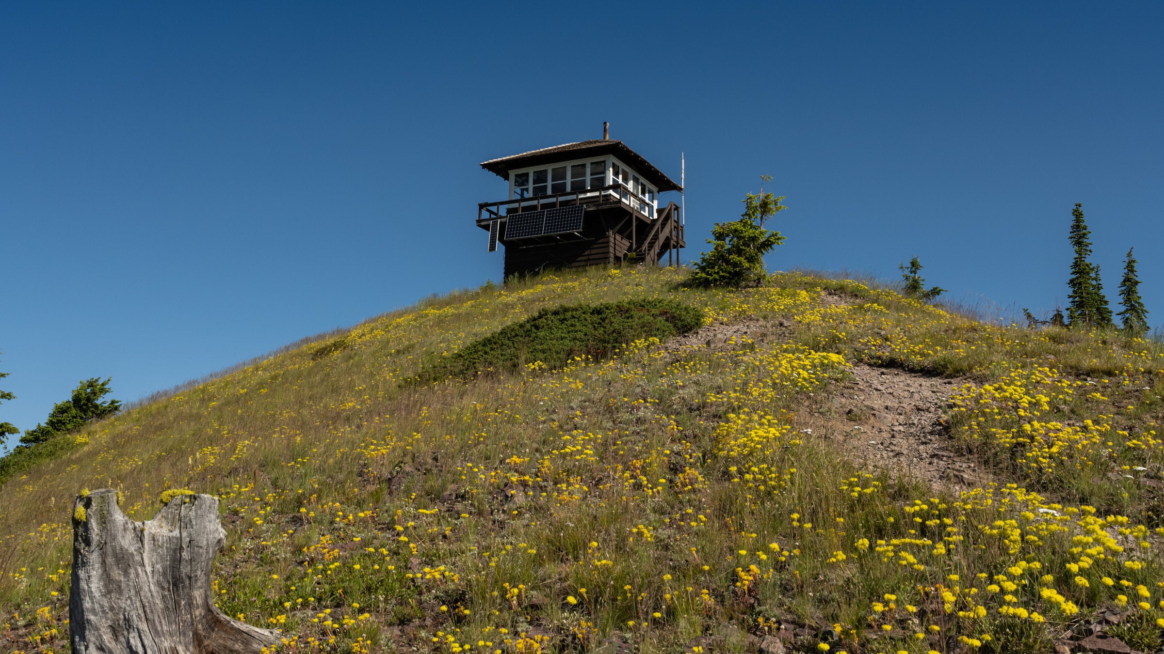 Fire tower sits on top of the summit at Huckleberry Mountain in Glacier National Park